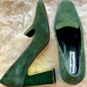 Karl Lagerfeld Paris Suede Green Heals with a golden inner heel!